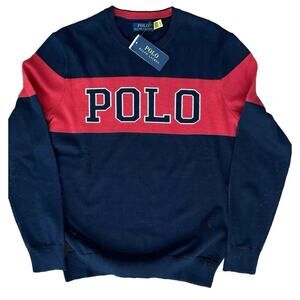 RALPH LAUREN XXL Mens Navy Pullover Cotton Sweater POLO red Logo y2k $138 NWT